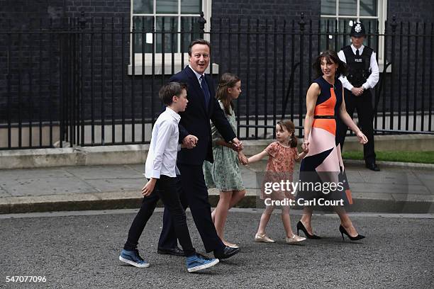 Prime Minister David Cameron leaves Downing Street for the last time with his wife Samantha Cameron and children Nancy Cameron, Arthur Cameron and...