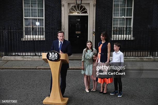 Prime Minister David Cameron speaks as he leaves Downing Street for the last time with his wife Samantha Cameron and children Nancy Cameron, Arthur...