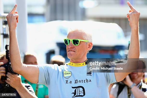 Oleg Tinkov the owner of the Tinkoff team gestures after the stage was won by Peter Sagan of Slovakia and Tinkoff during the 162.5km stage eleven of...