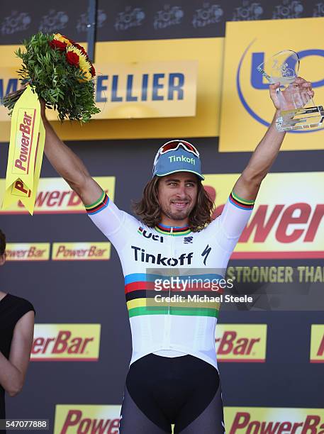 Peter Sagan of Slovakia and Tinkoff celebrates his stage victory on the podium following the 162.5km stage eleven of Le Tour de France from...