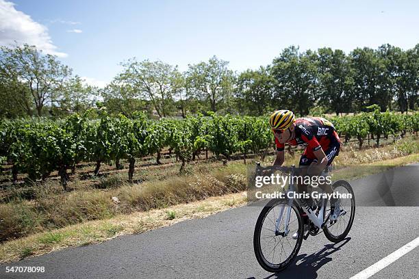 Tejay van Garderen of United States riding for BMC Racing Team races back to the peloton after a crash during stage eleven of the 2016 Le Tour de...