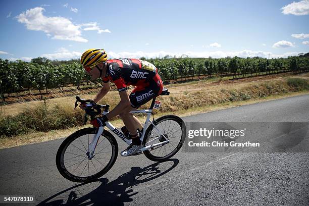 Tejay van Garderen of United States riding for BMC Racing Team races back to the peloton after a crash during stage eleven of the 2016 Le Tour de...