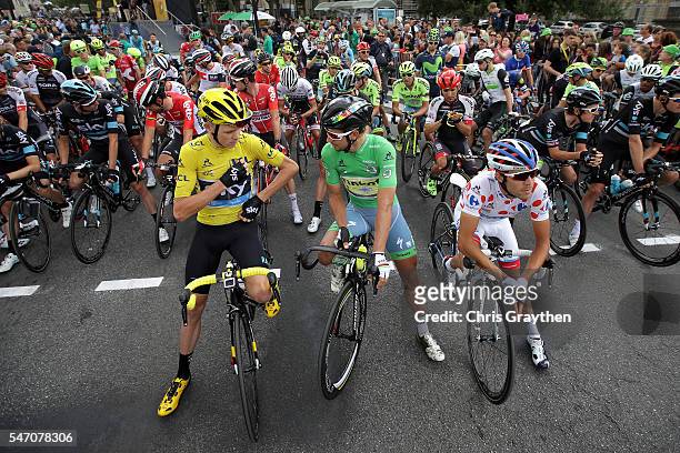 Christopher Froome of Great Britain riding for Team Sky and Peter Sagan of Slovakia riding for Tinkoff talk during stage eleven of the 2016 Le Tour...