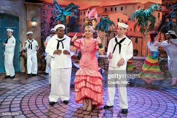 Episode 106 -- Pictured: Kenan Thompson, Maya Rudolph as Carmen Miranda, Mikey Day during the "Carmen Miranda" sketch on July 12, 2016 --