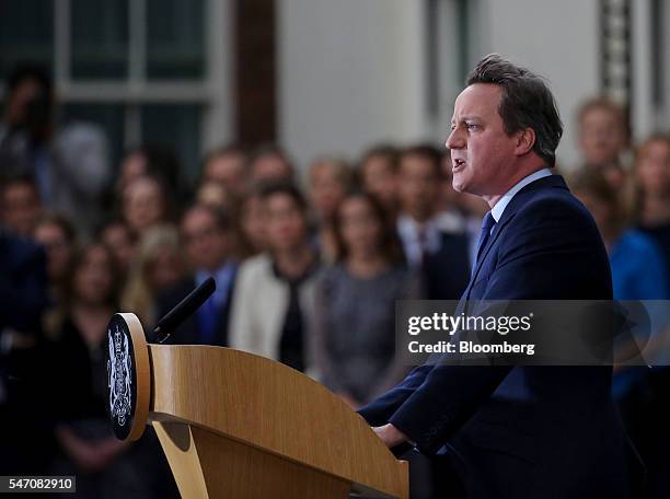 David Cameron, U.K.'s outgoing prime minister, delivers a speech outside 10 Downing Street in London, U.K., on Wednesday, July 13, 2016. Cameron...