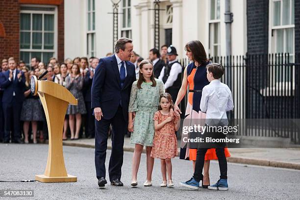 David Cameron, U.K.'s outgoing prime minister, pauses after delivering a speech with his wife Samantha Cameron and their children Nancy, Florence and...