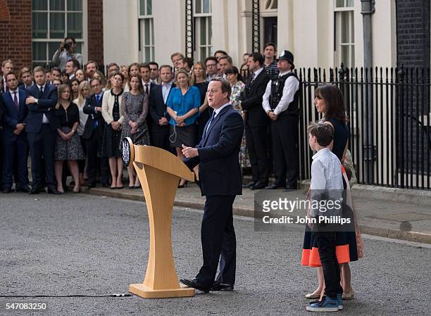 Prime Minister David Cameron speaks as he leaves Downing Street for the last time with his wife Samantha Cameron and children Nancy Cameron, Arthur...