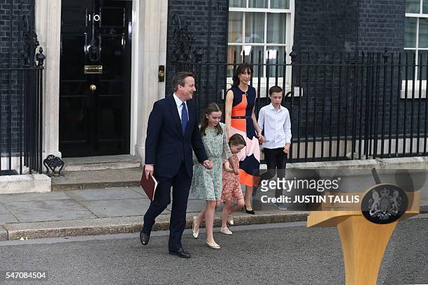 Outgoing British prime minister David Cameron leaves 10 Downing Street with his family his daughter Nancy Gwen, daughter Florence Rose Endellion, his...