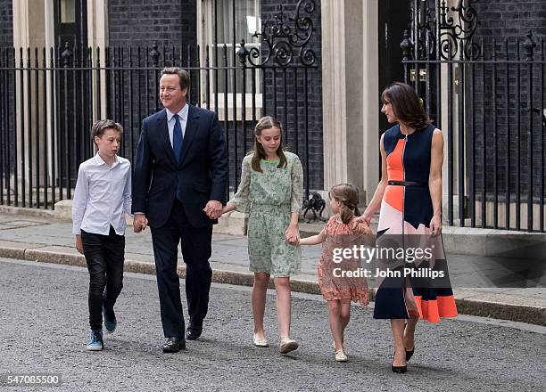 Prime Minister David Cameron leaves Downing Street for the last time with his wife Samantha Cameron and children Nancy Cameron, Arthur Cameron and...