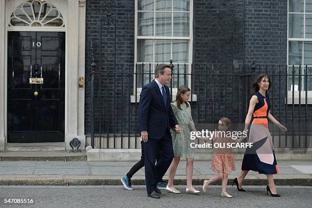 Outgoing British prime minister David Cameron leaves 10 Downing Street with his family son Arthur Elwen , his daughter Nancy Gwen, daughter Florence...