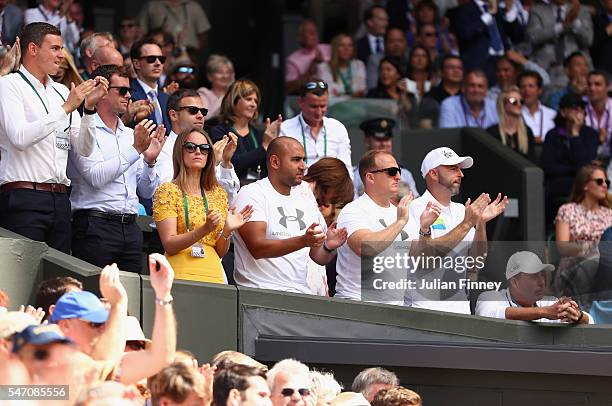 Andy Murrays wife Kim Sears and his coaching team, Shane Annun, Matt Little, Jamie Delgado and Ivan Lendl watch on as Andy Murray of Great Britain...