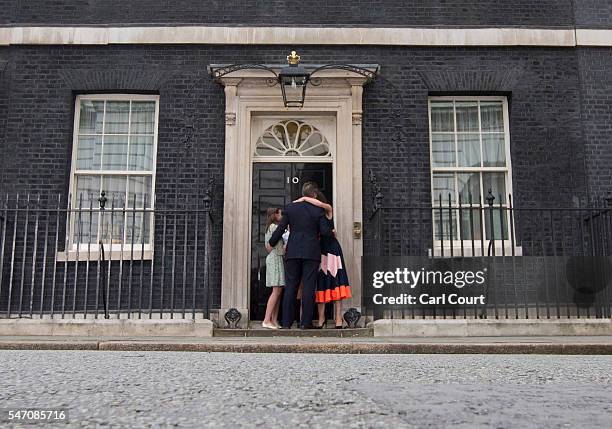 Prime Minister David Cameron speaks as he leaves Downing Street for the last time with his wife Samantha Cameron and children Nancy Cameron, Arthur...