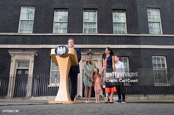 Prime Minister David Cameron speaks as he leaves Downing Street for the last time with his wife Samantha Cameron and children Nancy Cameron, Arthur...