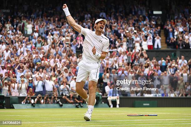 Andy Murray of Great Britain celebrates at championship point during the Men's Singles Final against Milos Raonic of Canada on day thirteen of the...