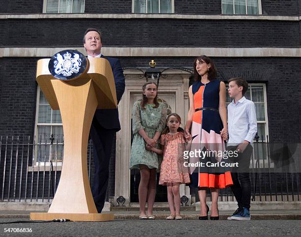 Prime Minister David Cameron speaks as he leaves Downing Street for the last time with his wife Samantha Cameron and children Nancy Cameron, Arthur...
