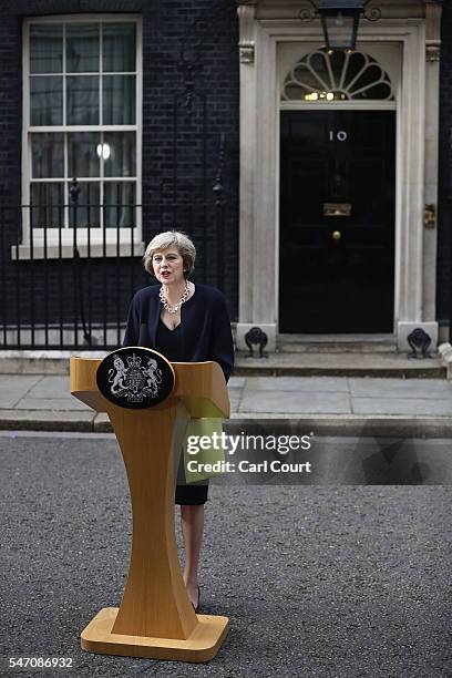 British Prime Minister Theresa May speaks outside 10 Downing Street on July 13, 2016 in London, England. Former Home Secretary Theresa May becomes...