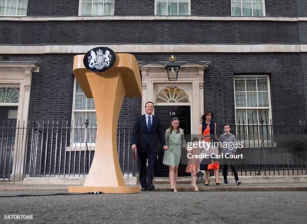 Prime Minister David Cameron speaks as he leaves Downing Street for the last time with his wife Samantha Cameron and children Nancy Cameron, Arthur...