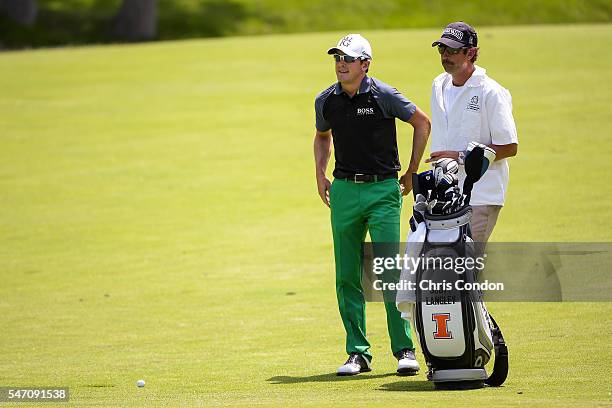 Scott Langley hits a shot during the final round of the Memorial Tournament presented by Nationwide Insurance at Muirfield Village Golf Club on June...