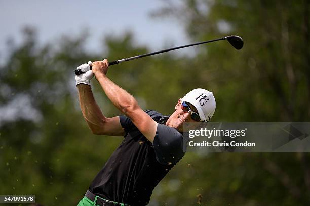 Scott Langley hits a shot during the final round of the Memorial Tournament presented by Nationwide Insurance at Muirfield Village Golf Club on June...