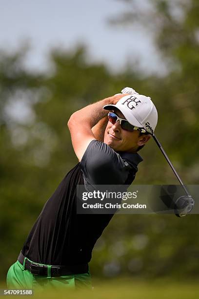 Scott Langley hits a shot during the final round of the Memorial Tournament presented by Nationwide Insurance at Muirfield Village Golf Club on June...