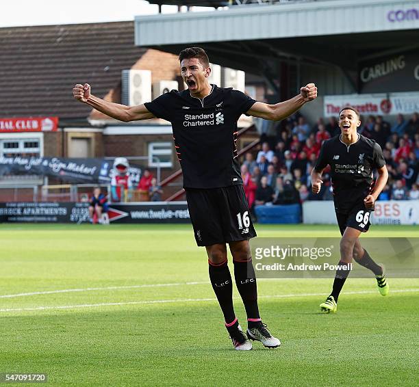 Marko Grujic of Liverpool celebrates after scoring the opening goal during the Pre-Season Friendly match bewteen Fleetwood Town and Liverpool at...