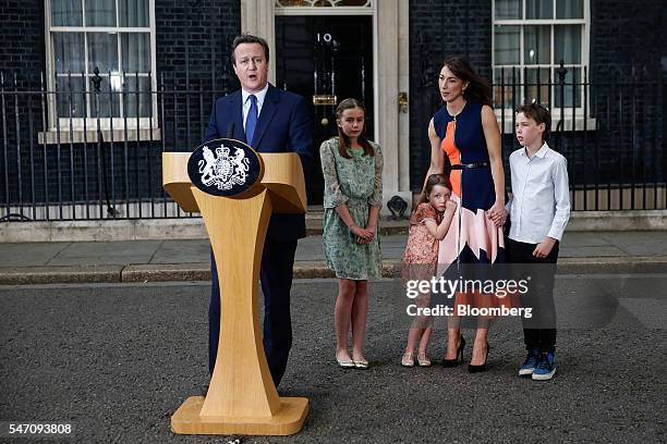 David Cameron, U.K.'s outgoing prime minister, delivers a speech as his wife Samantha Cameron and their children Nancy, Florence and Elwen look on...