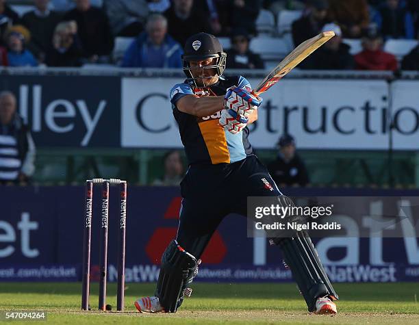 Wes Durston of Derbyshire Falcons plays a shot during the NatWest T20 Blast between Derbyshire Falcons and Lancashire Lightning at The 3aaa County...