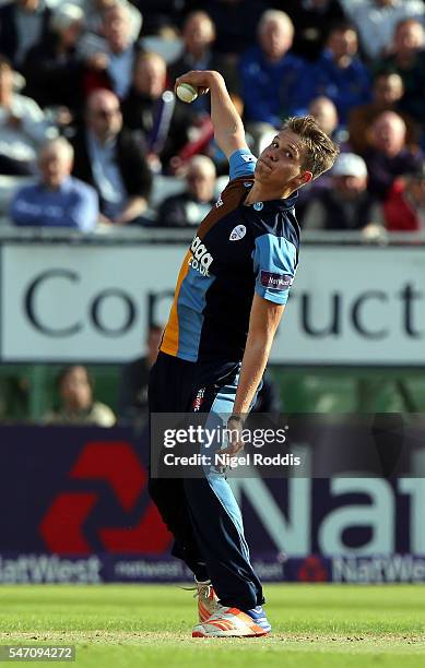 Matt Critchley of Derbyshire Falcons bowls during the NatWest T20 Blast between Derbyshire Falcons and Lancashire Lightning at The 3aaa County Ground...