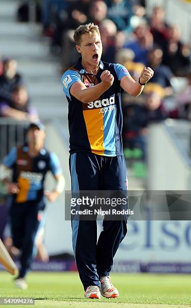 Matt Critchley of Derbyshire Falcons celebrates taking the wicket of Luis Reece of Lancashire Lightning during the NatWest T20 Blast between...