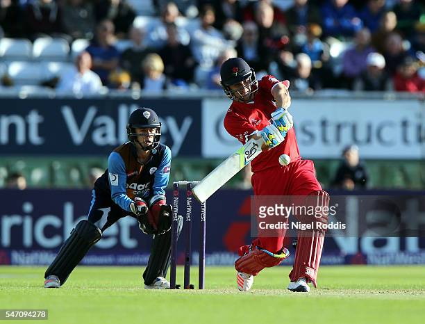Liam Livingstone of Lancashire Lightning plays a shot during the NatWest T20 Blast between Derbyshire Falcons and Lancashire Lightning at The 3aaa...