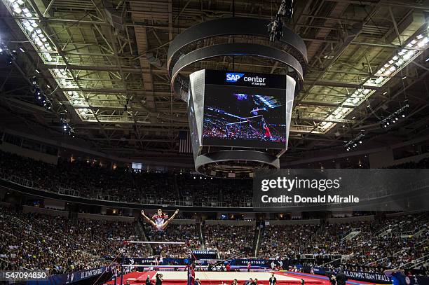Olympic Trials: Overall view of Ashton Locklear in action, uneven bars during Women's Competition at the SAP Center. Sequence. San Jose, CA 7/10/2016...