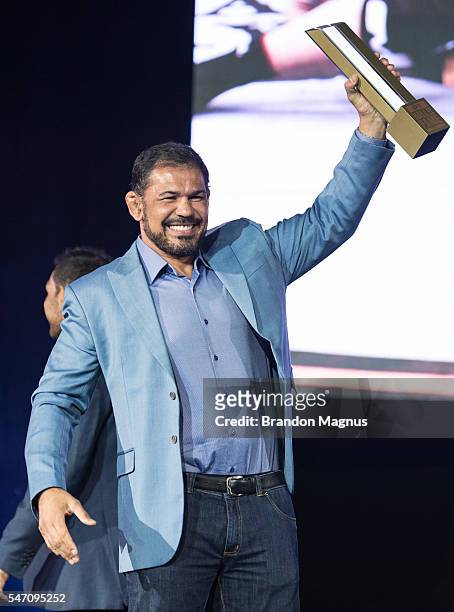 Antonio Rodrigo "Minotauro" Nogueira sraises his award as he is inducted into the UFC Hall of Fame at the Las Vegas Convention Center on July 10,...