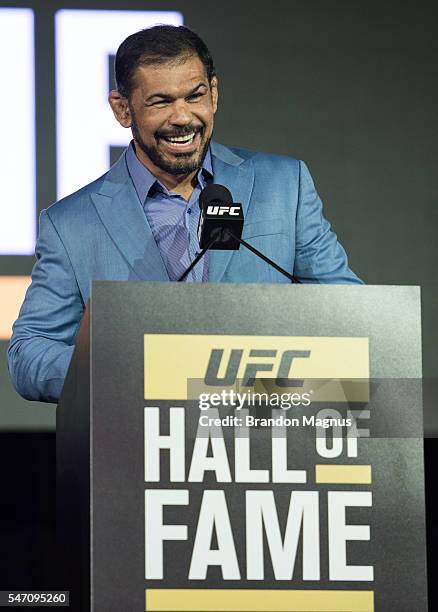 Antonio Rodrigo "Minotauro" Nogueira speaks to the fans as he is inducted into the UFC Hall of Fame at the Las Vegas Convention Center on July 10,...