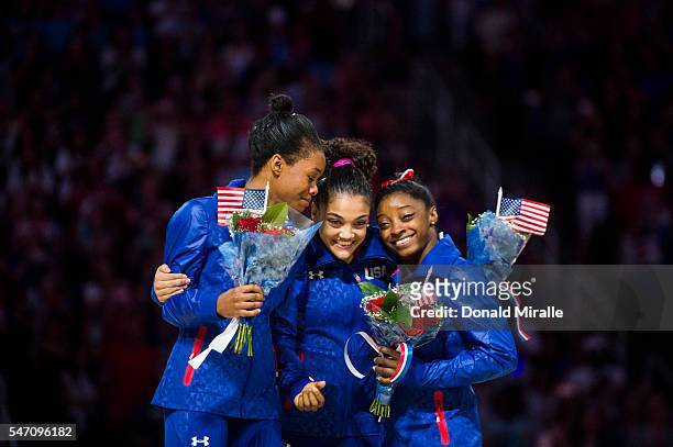Olympic Trials: View of Gabrielle Douglas, Laurie Hernandez, and Simone Biles hugging during presentation ceremony at the SAP Center. San Jose, CA...