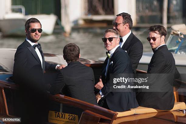 Bastian Schweinsteiger and Felix Neureuther travel by water taxi with friends from the Aman Grand Canal Hotel to the church for his wedding to Ana...