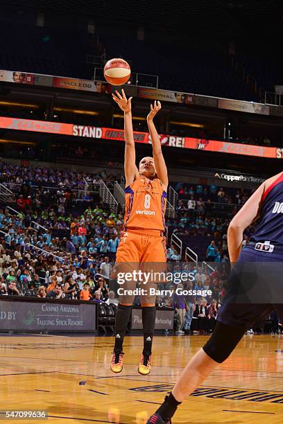 Mistie Bass of the Phoenix Mercury shoots the ball against the Washington Mystics on July 13, 2016 at Talking Stick Resort Arena in Phoenix, Arizona....