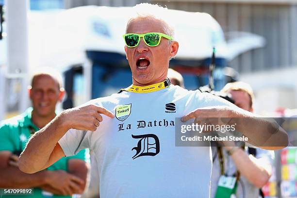 Oleg Tinkov the owner of the Tinkoff team gestures after the stage was won by Peter Sagan of Slovakia and Tinkoff during the 162.5km stage eleven of...
