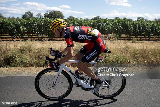 Tejay van Garderen of United States riding for BMC Racing Team races back to the peloton after a crash during stage eleven of the 2016 Le Tour de...