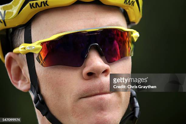 Christopher Froome of Great Britain riding for Team Sky in the yellow leader's jersey prepares to start stage eleven of the 2016 Le Tour de France a...