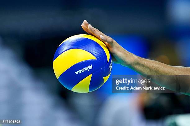 Ricardo Lucarelli Santos De Souza from Brazil hits the Mikasa official ball while the FIVB World League volleyball match between Brazil and Italy at...