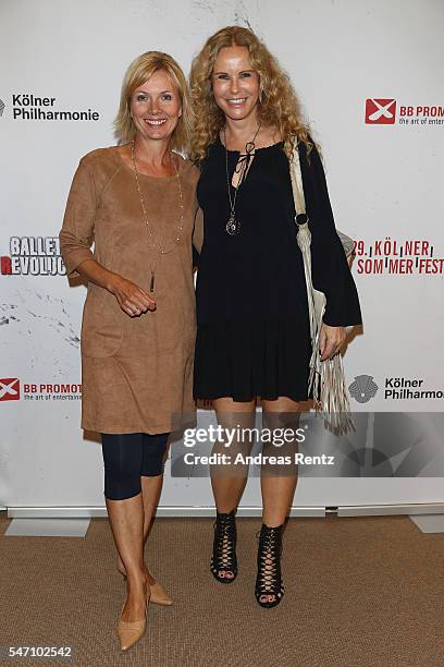 Ilka Essmueller and Katja Burkard arrive for the Ballet Revolucion show premiere at the Philharmonie on July 13, 2016 in Cologne, Germany.