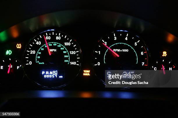 dashboard view of colorful gauges on a automobile - dashboard car stockfoto's en -beelden