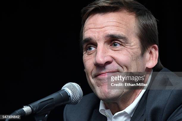 George McPhee speaks after being introduced as the general manager of the Las Vegas NHL franchise during a news conference at T-Mobile Arena on July...