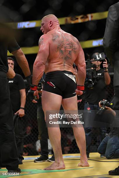 Brock Lesnar after his fight against Mark Hunt during the UFC 200 event at T-Mobile Arena on July 9, 2016 in Las Vegas, Nevada.