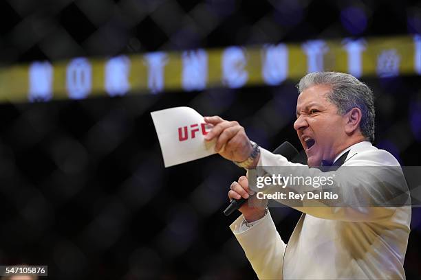 Bruce Buffer introduces Sage Northcutt and Enrique Marin during the UFC 200 event at T-Mobile Arena on July 9, 2016 in Las Vegas, Nevada.