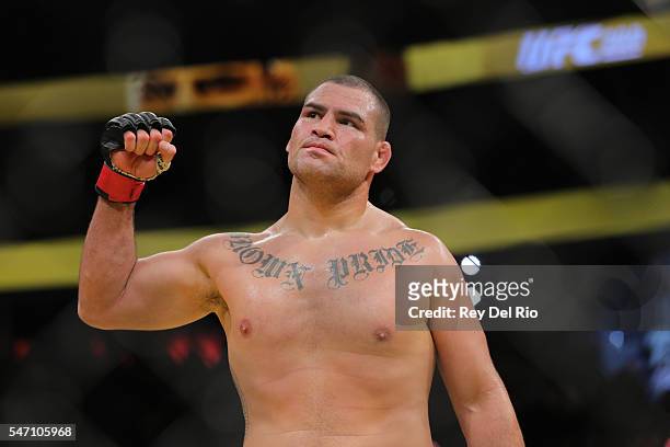 Cain Velasquez celebrates his victory over Travis Browne during the UFC 200 event at T-Mobile Arena on July 9, 2016 in Las Vegas, Nevada.