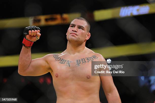 Cain Velasquez celebrates his victory over Travis Browne during the UFC 200 event at T-Mobile Arena on July 9, 2016 in Las Vegas, Nevada.