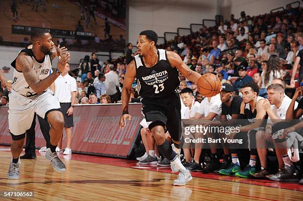 Toure Murry of the Minnesota Timberwolves handles the ball against the San Antonio Spurs during the 2016 NBA Las Vegas Summer League game on July 13,...