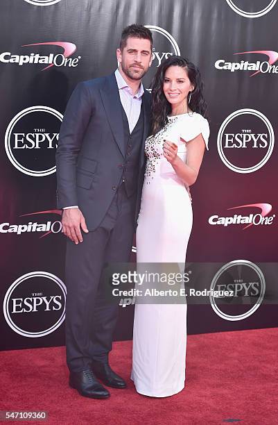 Football player Aaron Rodgers and actress Olivia Munn attend the 2016 ESPYS at Microsoft Theater on July 13, 2016 in Los Angeles, California.