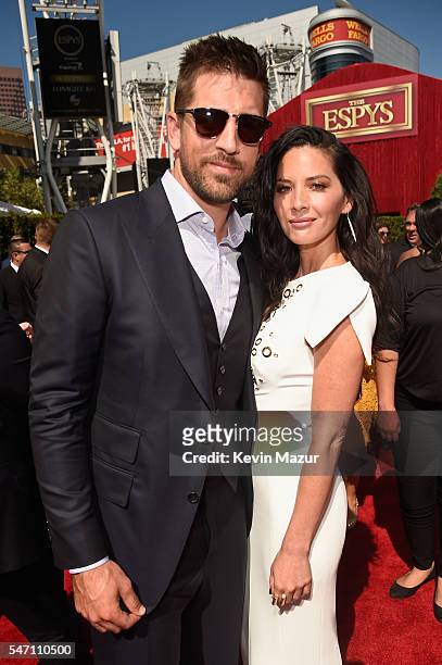 Player Aaron Rodgers and actress Olivia Munn attend the 2016 ESPYS at Microsoft Theater on July 13, 2016 in Los Angeles, California.
